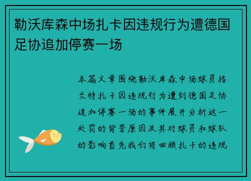 勒沃库森中场扎卡因违规行为遭德国足协追加停赛一场